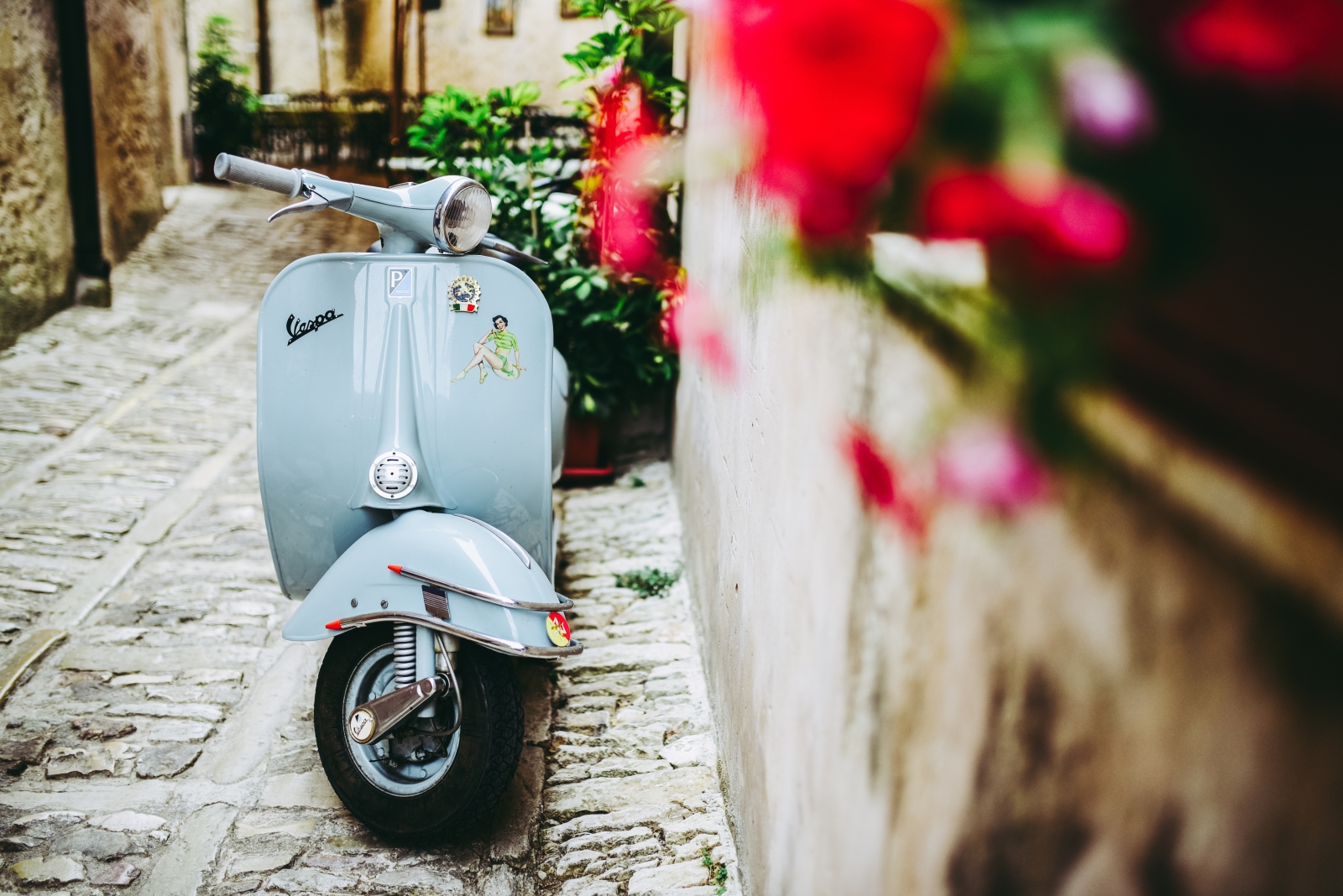 Vespa parked near flowers in Sicily