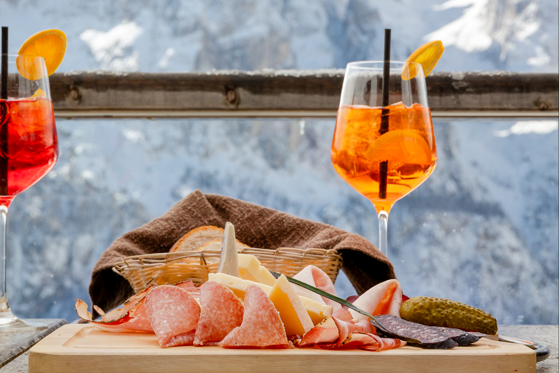 Aperitifs served in the Dolomites in winter