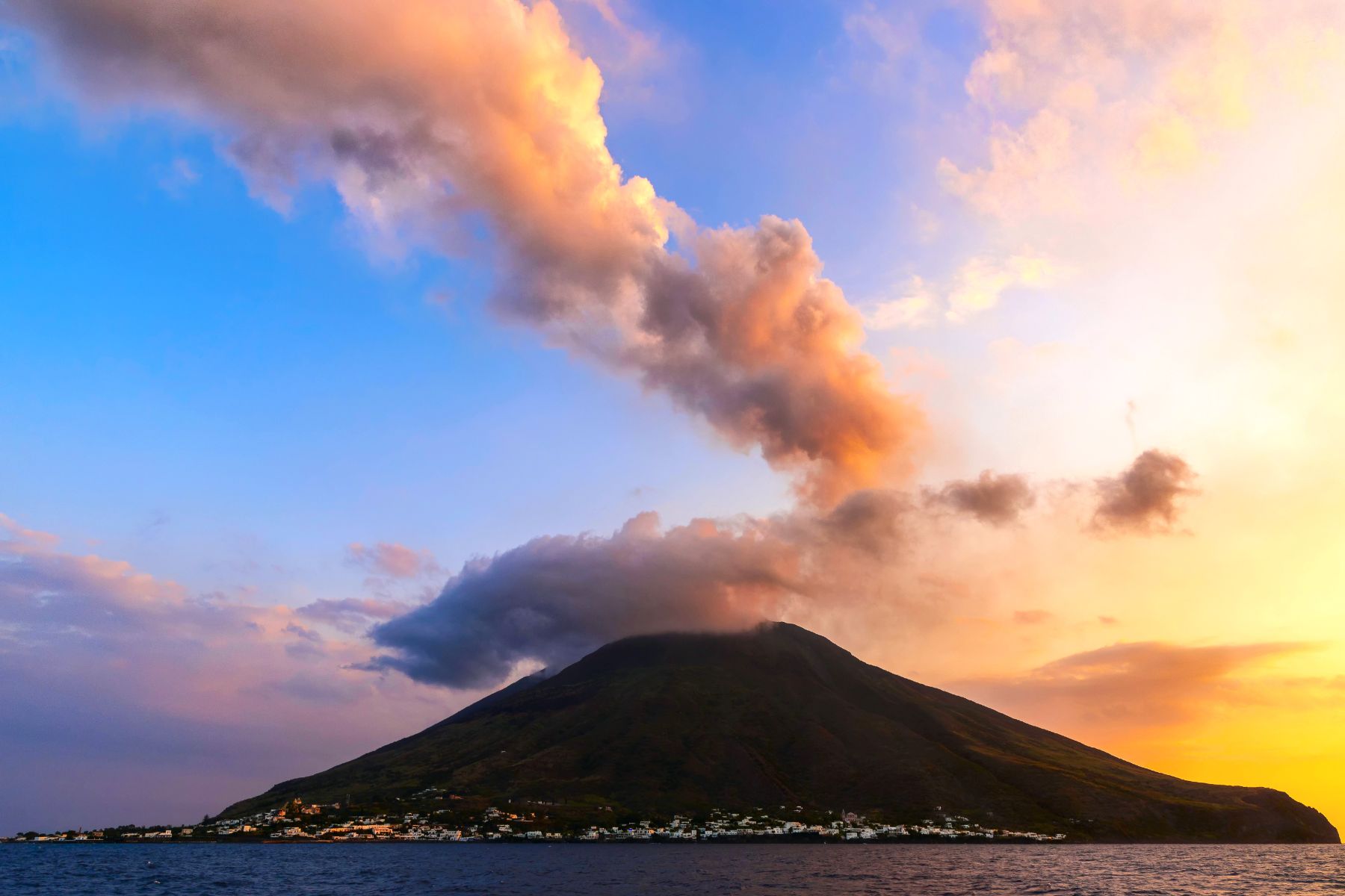 View of the Aeolian volcano during sunset