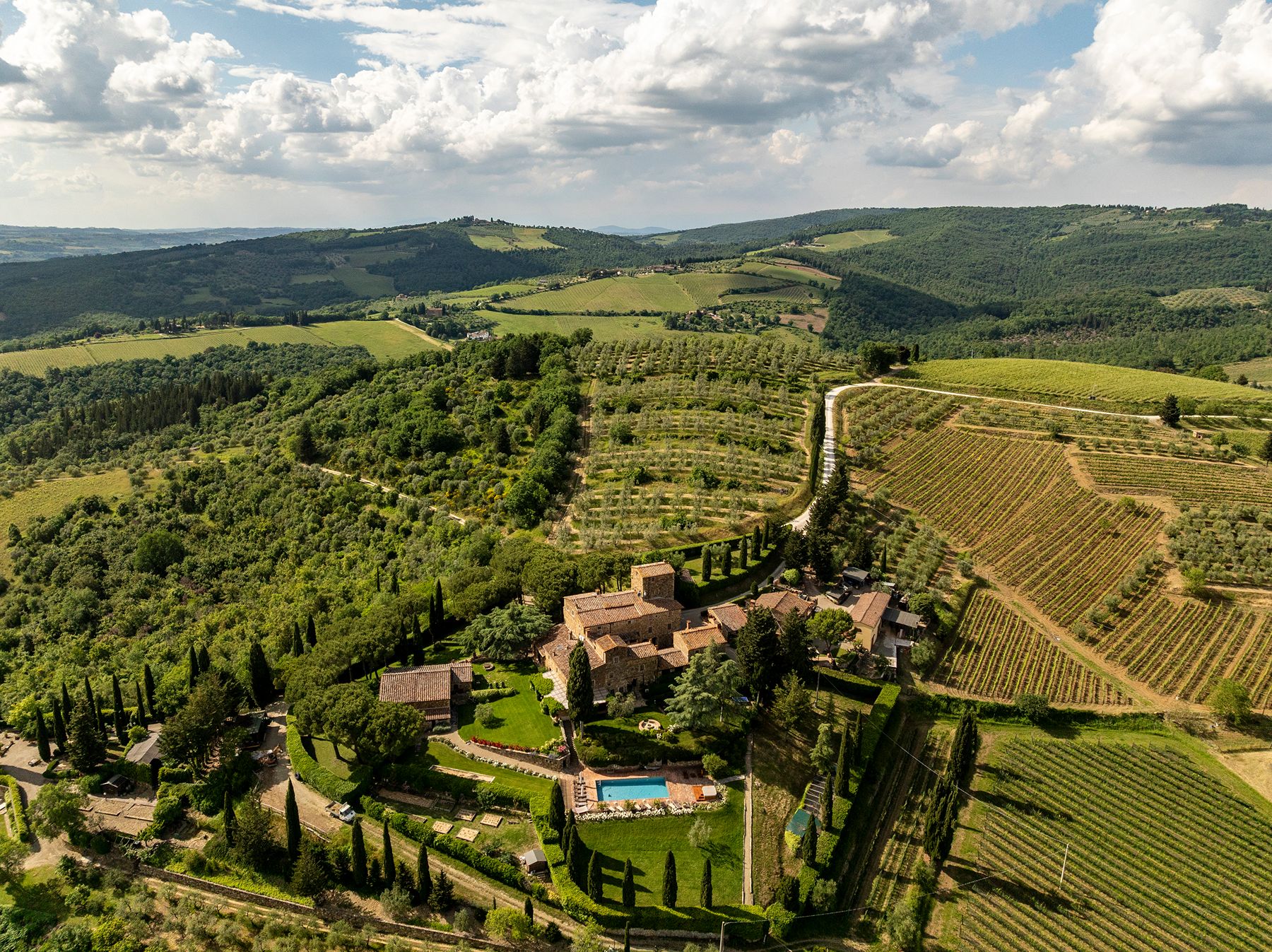 Aerial shot of Ca di Pesa in Tuscany, Italy
