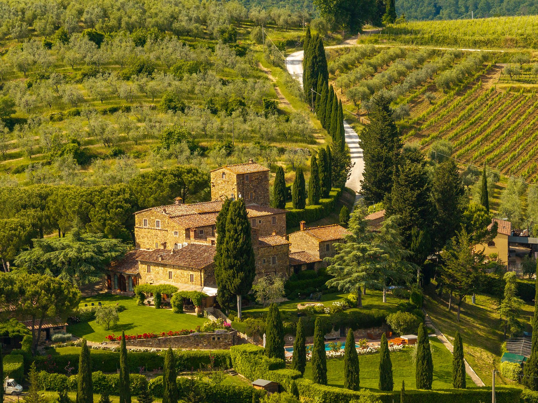 Aerial shot of Ca di Pesa in Tuscany, Italy