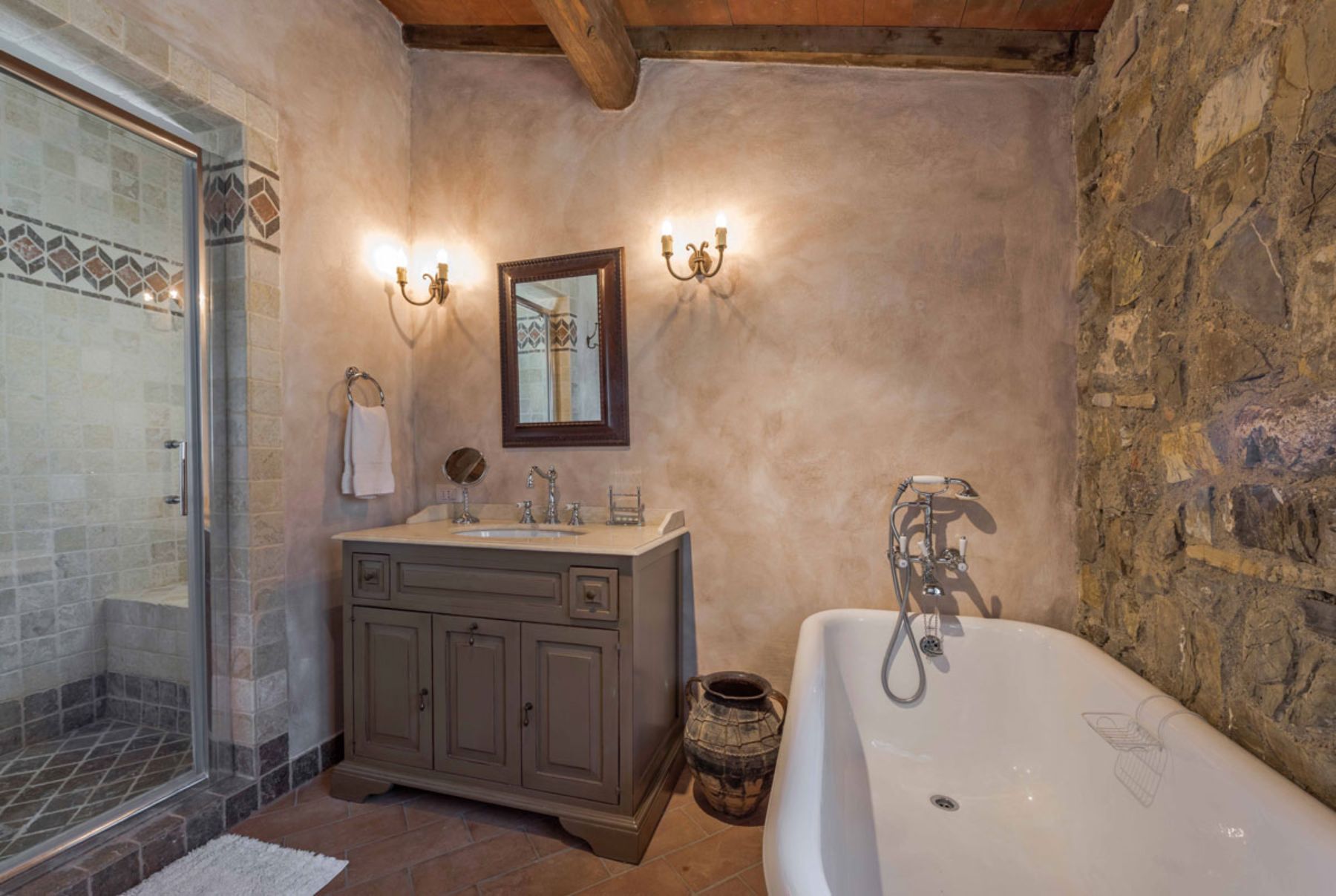 Stone bathroom at Casa Picchio in Tuscany