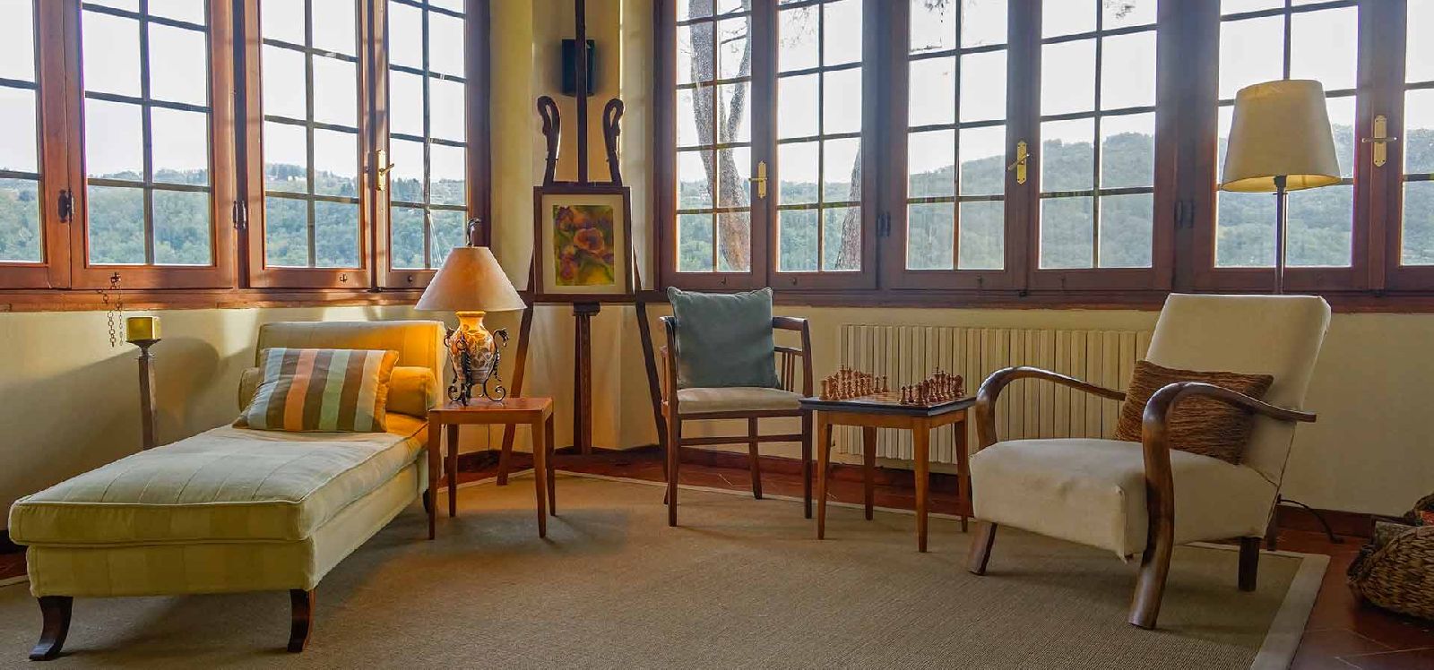 Living room and views from villa Casale di Fiesole in Tuscany