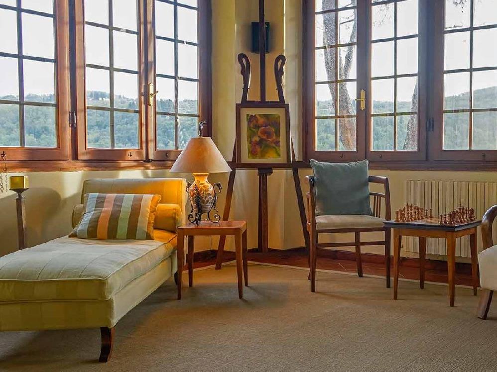Living room and views from villa Casale di Fiesole in Tuscany