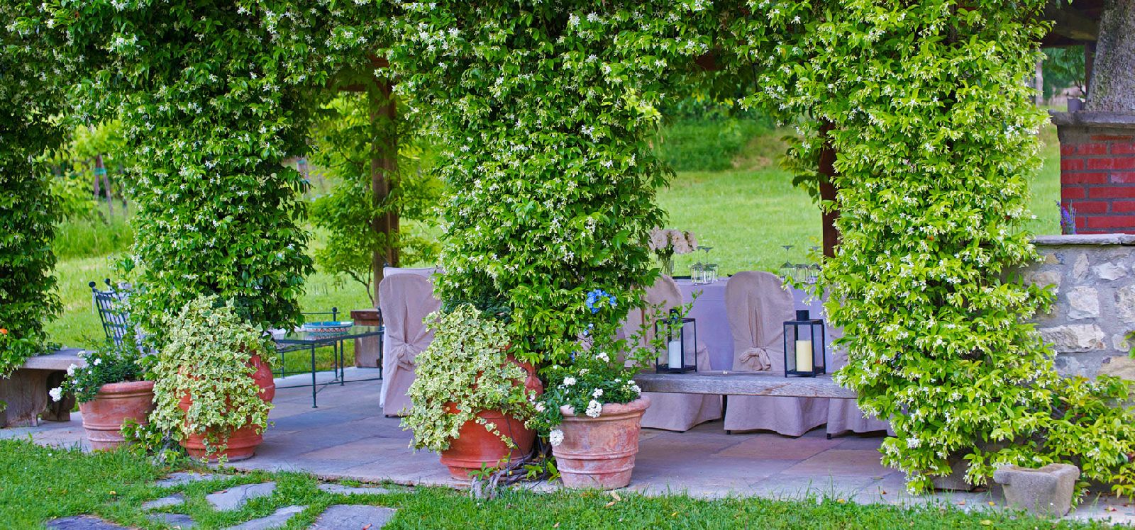 Loggia in the beautiful gardens of villa Casale di Fiesole in Tuscany