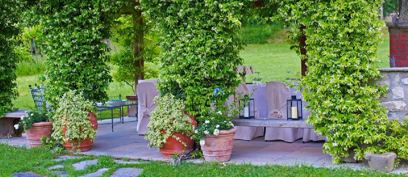 Loggia in the beautiful gardens of villa Casale di Fiesole in Tuscany