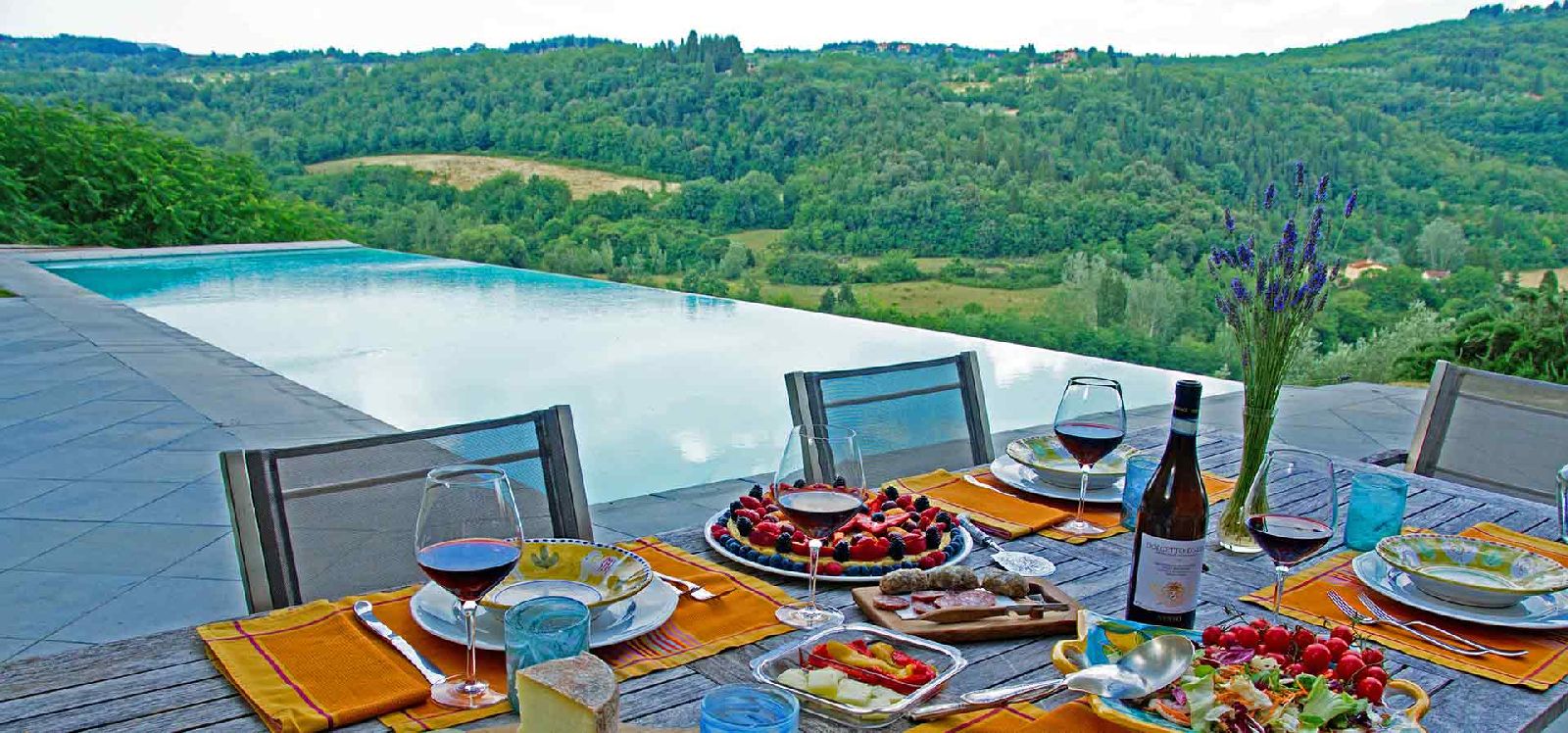 Outdoor dining and views from the pool at villa Casale di Fiesole in Tuscany