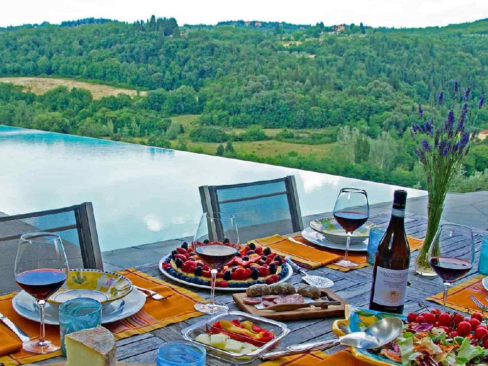 Outdoor dining and views from the pool at villa Casale di Fiesole in Tuscany