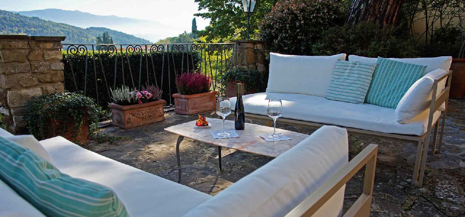 Terrace and Tuscany countryside views from villa Casale di Fiesole near Florence