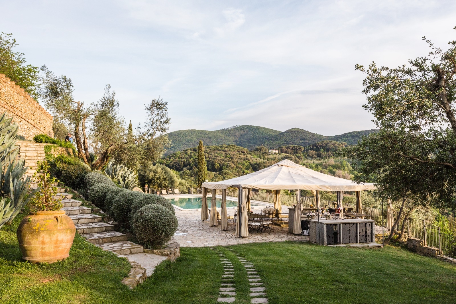the pool tent and garden of Castello di Segalari, Tuscany