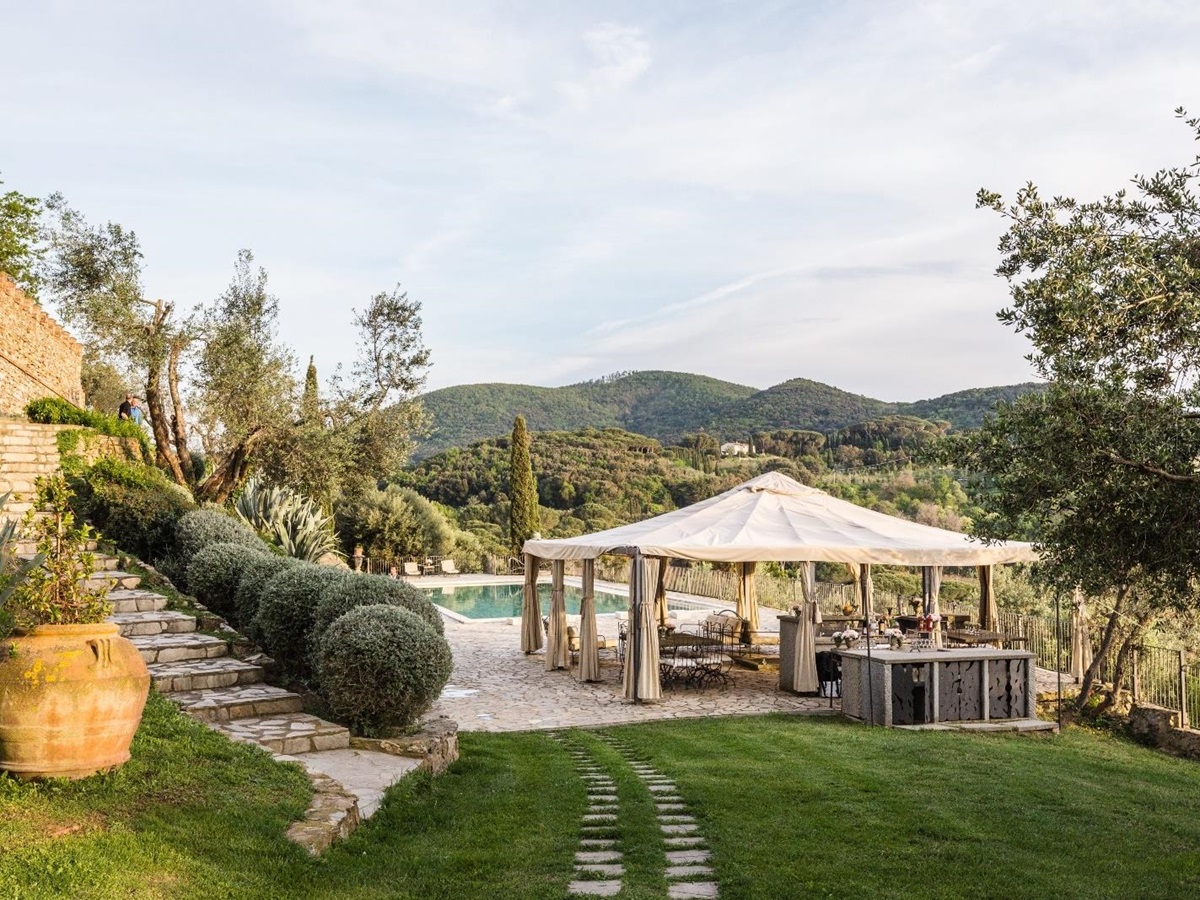 the pool tent and garden of Castello di Segalari, Tuscany