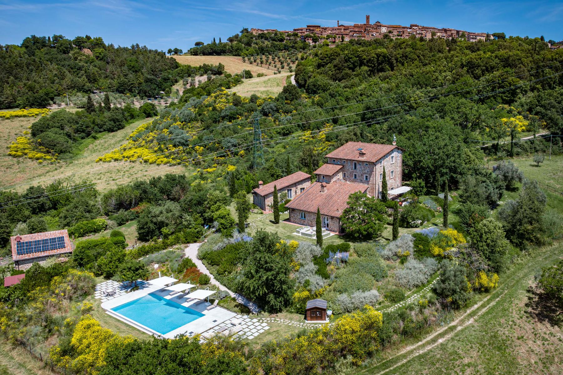 Drone view of Villa Il Mugnello close up with view of the pool and the building behind surrounded by Tuscan fields