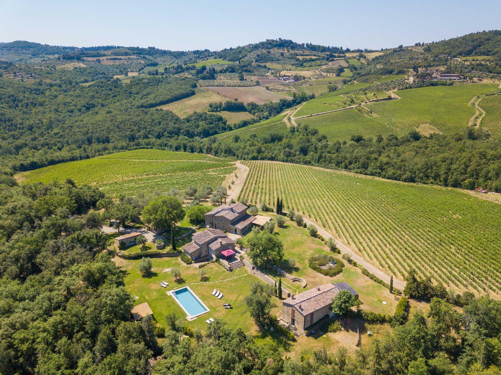 Aerial view over Il Pratio di Vignamaggio and the surroundings near Chianti, Tuscany