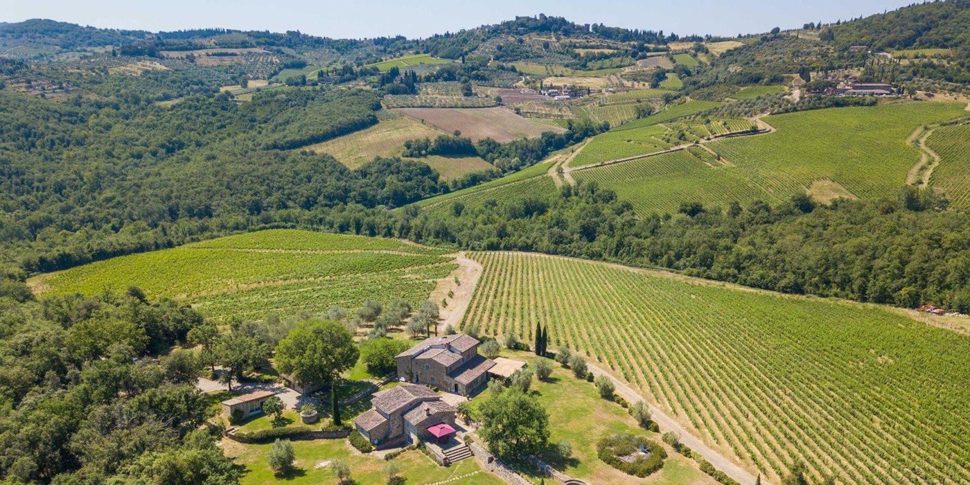 Aerial view over Il Pratio di Vignamaggio and the surroundings near Chianti, Tuscany