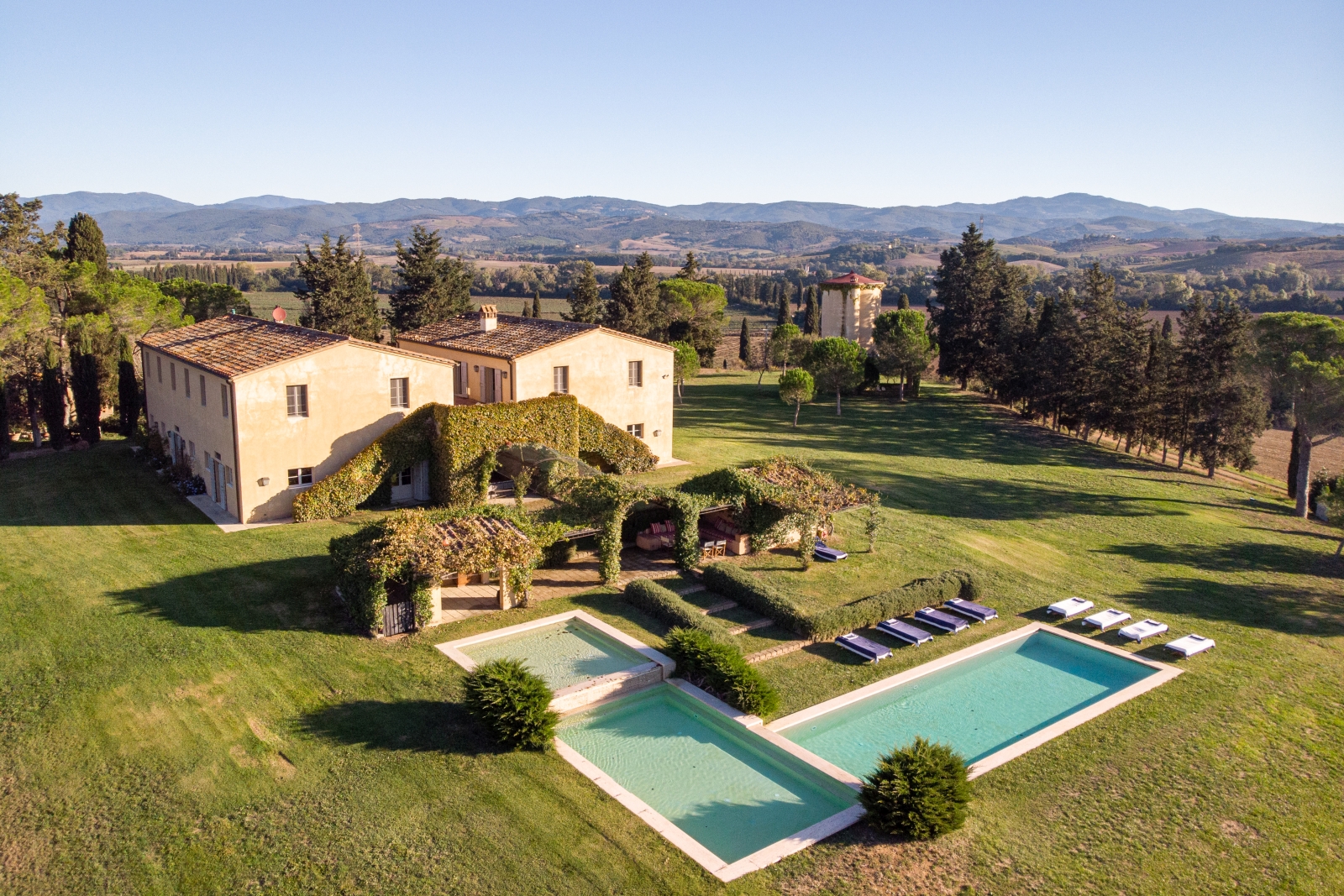Aerial view with distant view at Il Serratone villa in Tuscany Italy