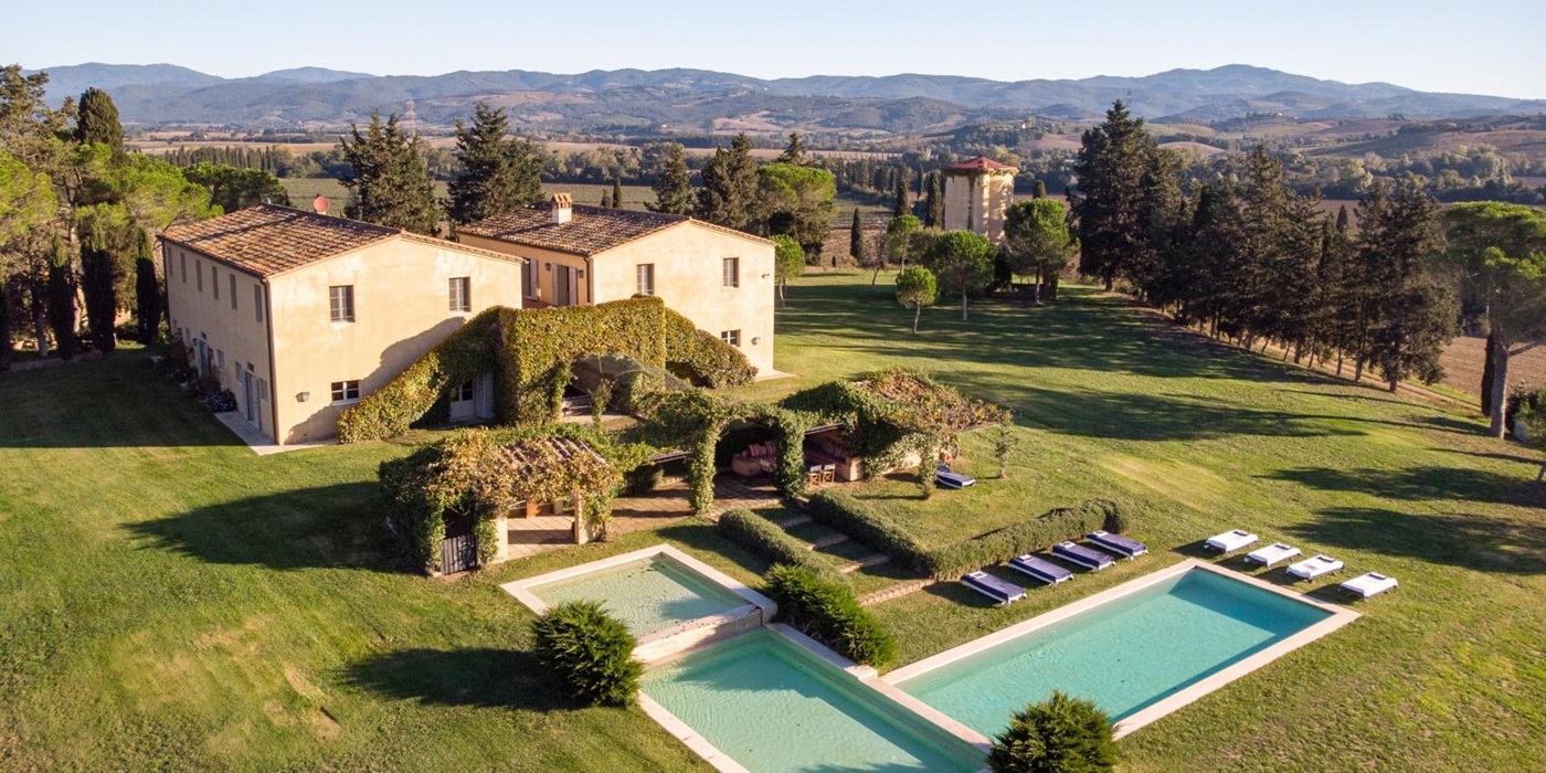 Aerial view with distant view at Il Serratone villa in Tuscany Italy