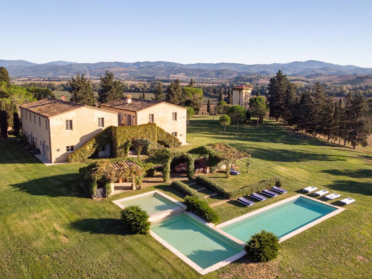 Aerial view with distant view at Il Serratone villa in Tuscany Italy