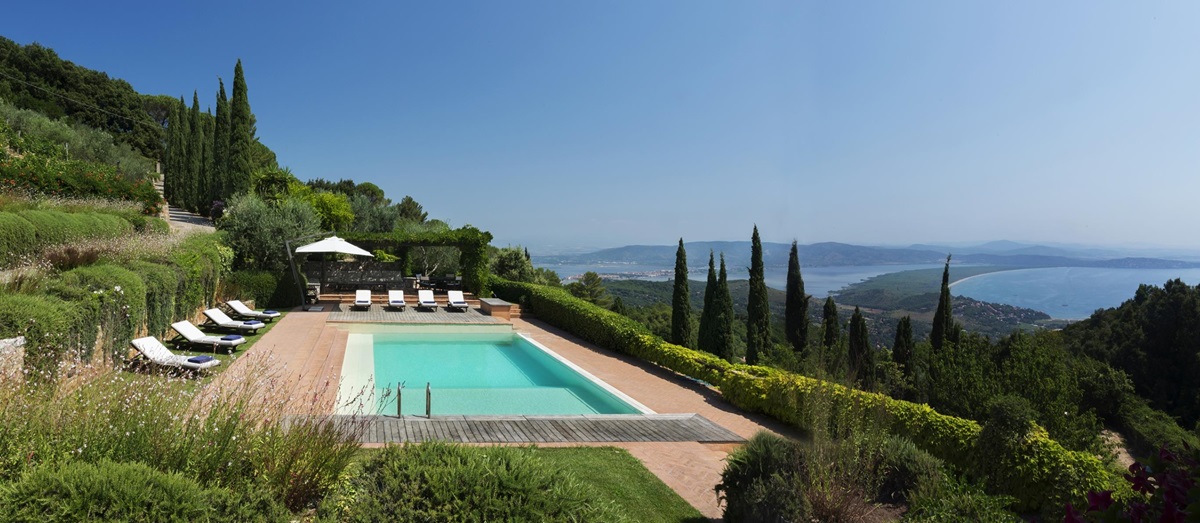 Swimming pool and view from La Feniglia, Tuscany