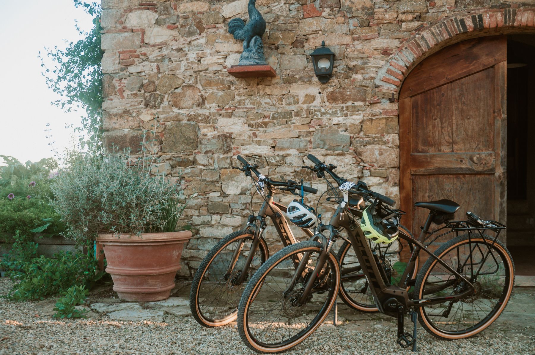 Two bicycles outside the front of La Regina in Tuscany