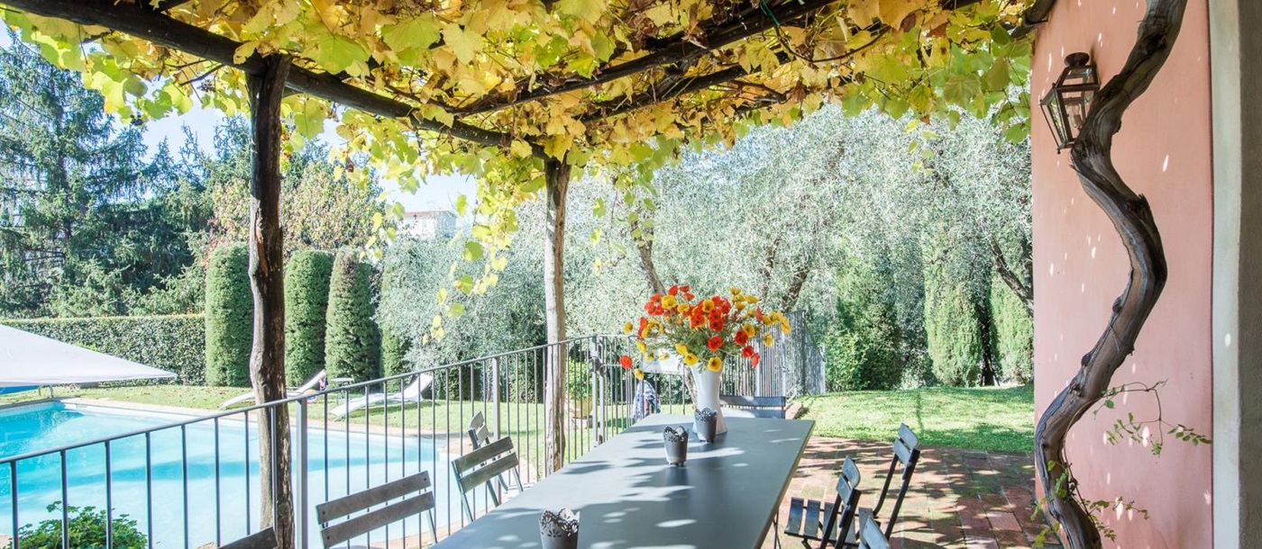 the outdoor dining table covered with vines at l'Antico Mulino, Tuscany