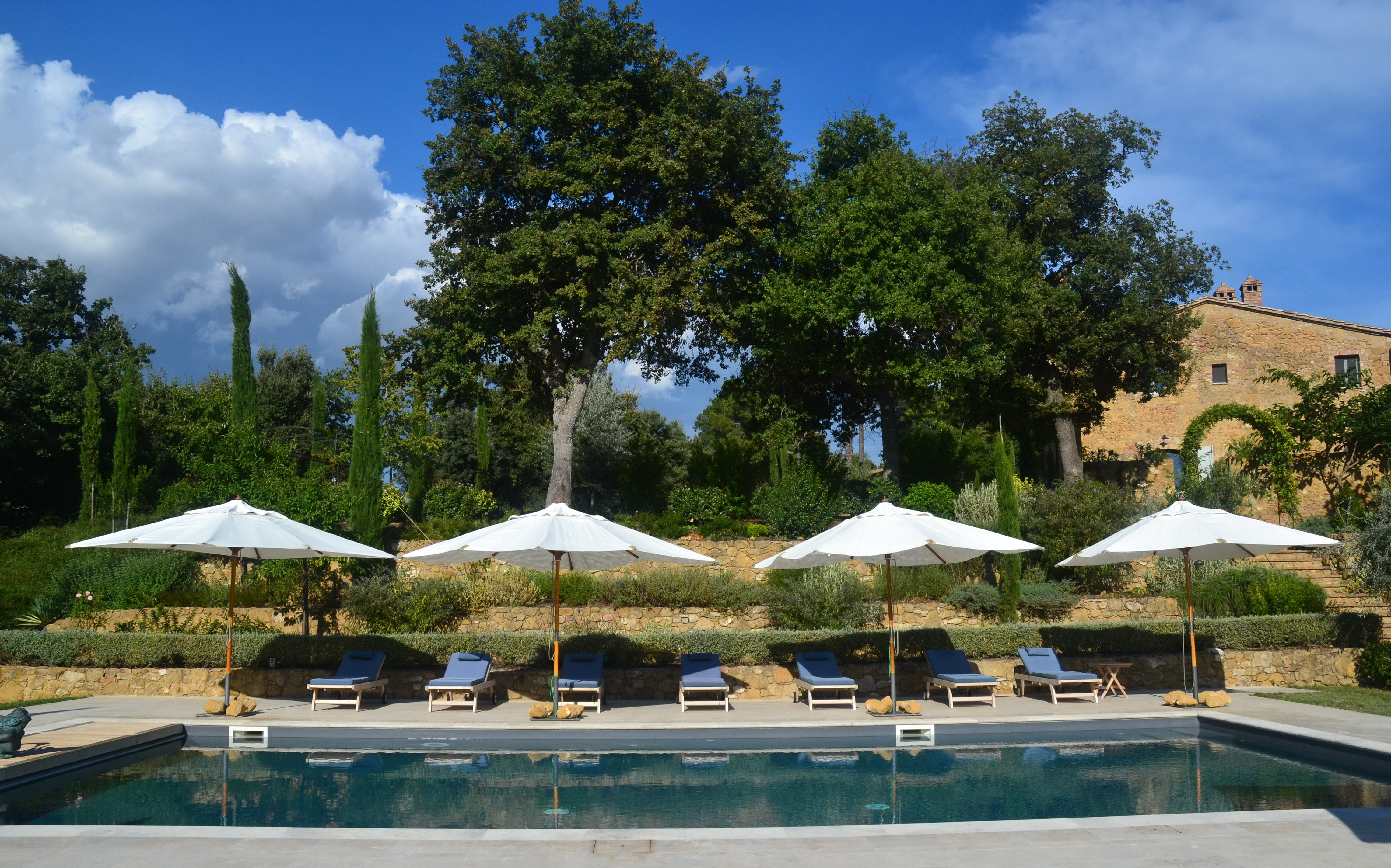 An alternative angle of the swimming pool on a summer's day at Podere Caterina.