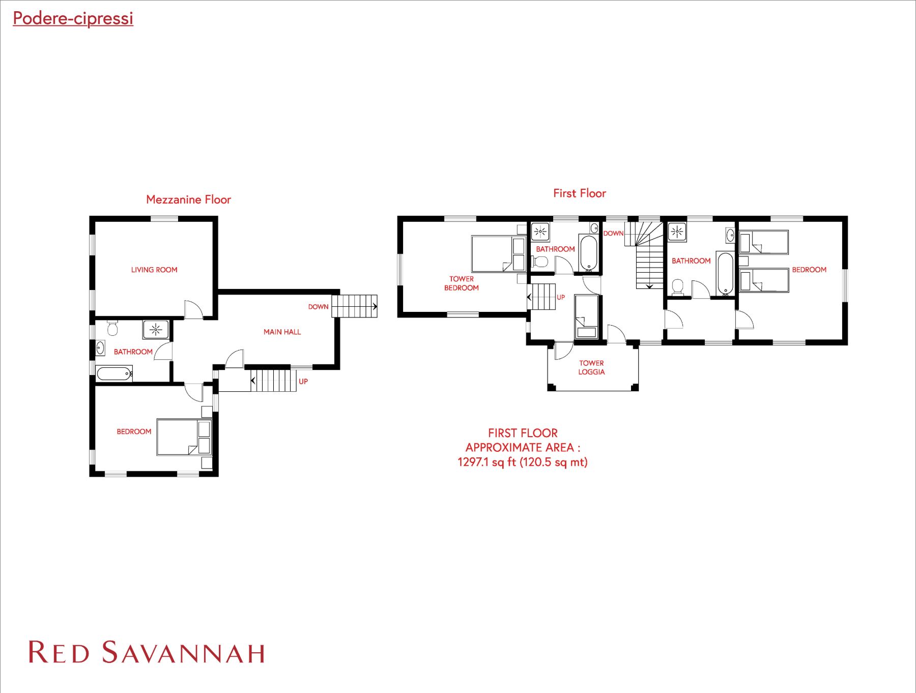 Red Savannah branded First floor floorplan at Podere Cipressi in Tuscany