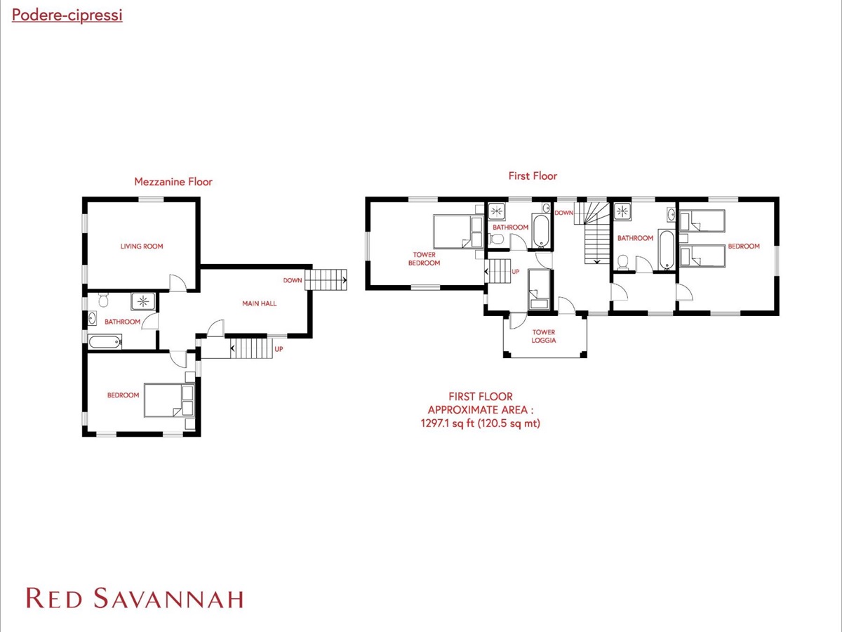 Red Savannah branded First floor floorplan at Podere Cipressi in Tuscany