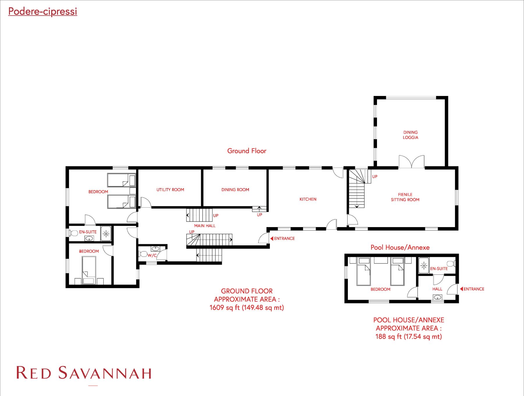 Red Savannah branded floorplan of the ground floor at Podere Cipressi