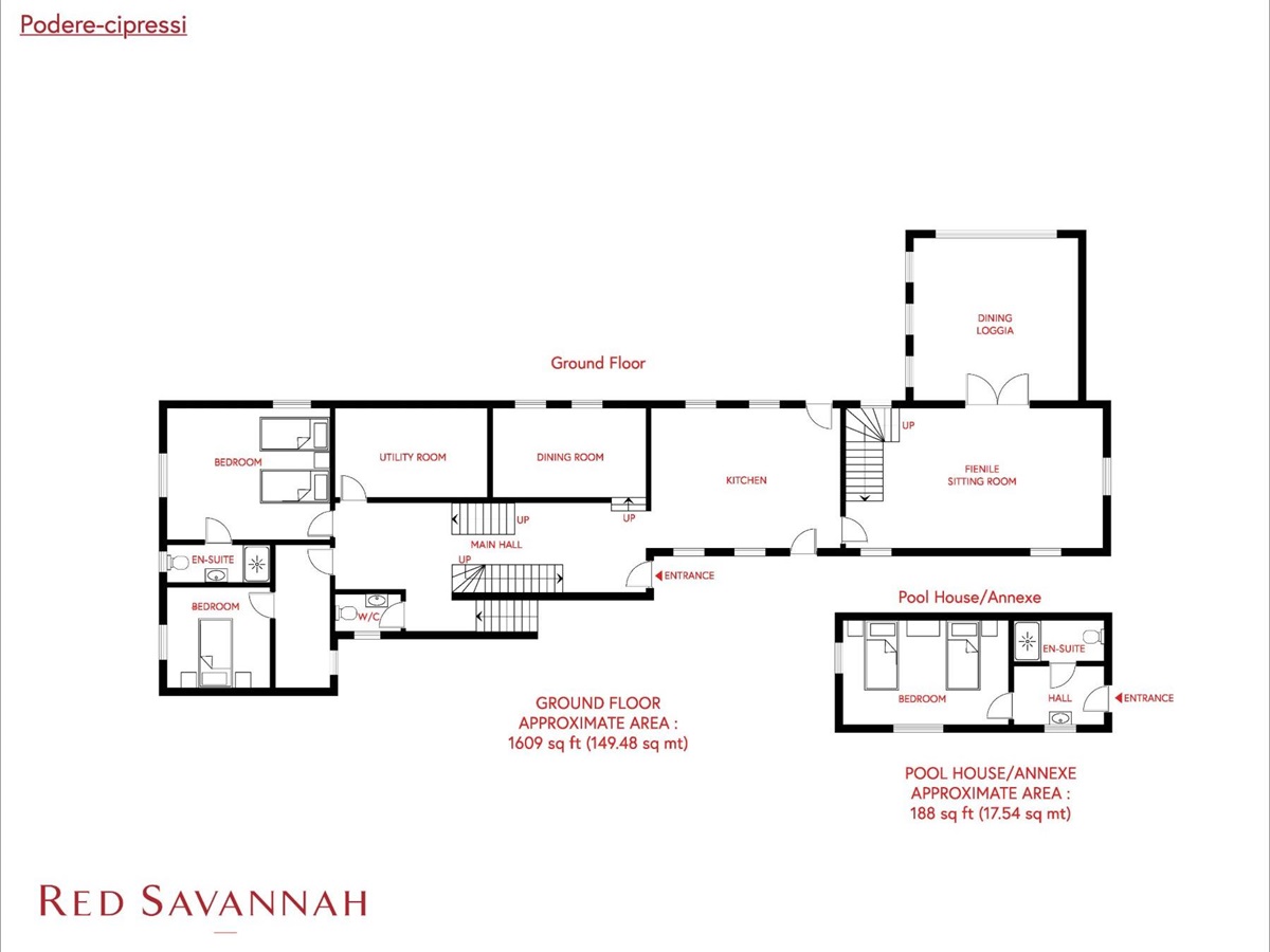 Red Savannah branded floorplan of the ground floor at Podere Cipressi