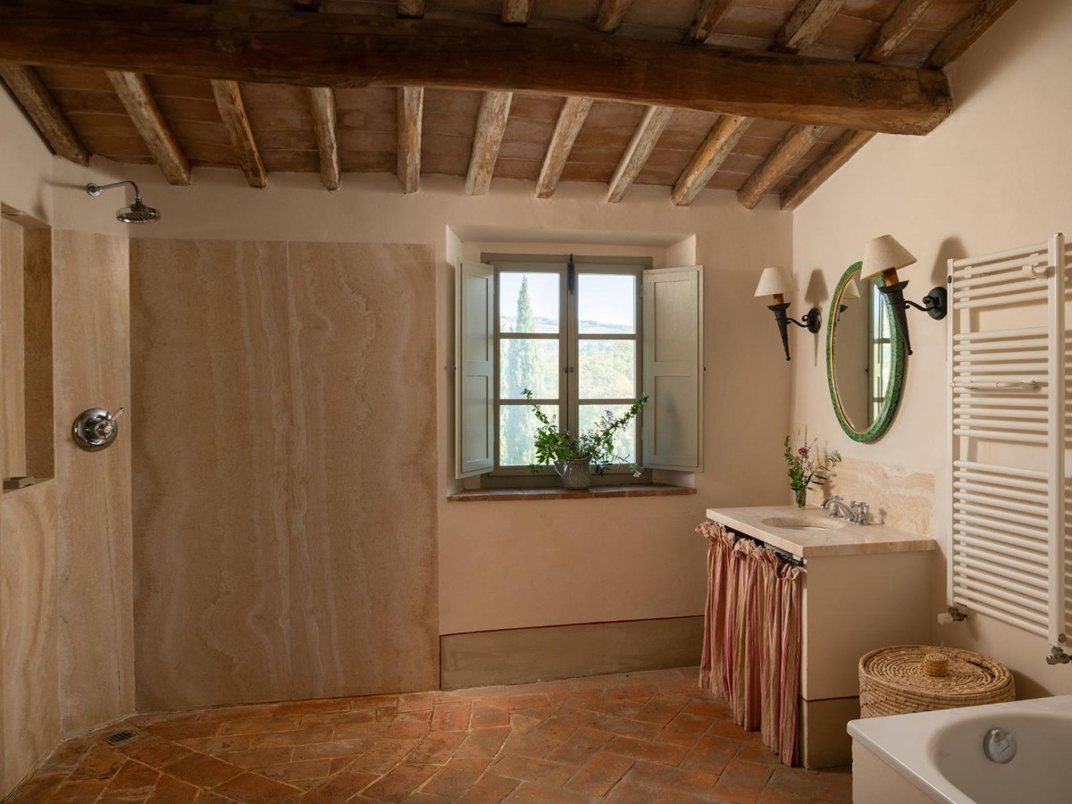 Bathroom with large shower and large window at Podere Cipressi in Tuscany
