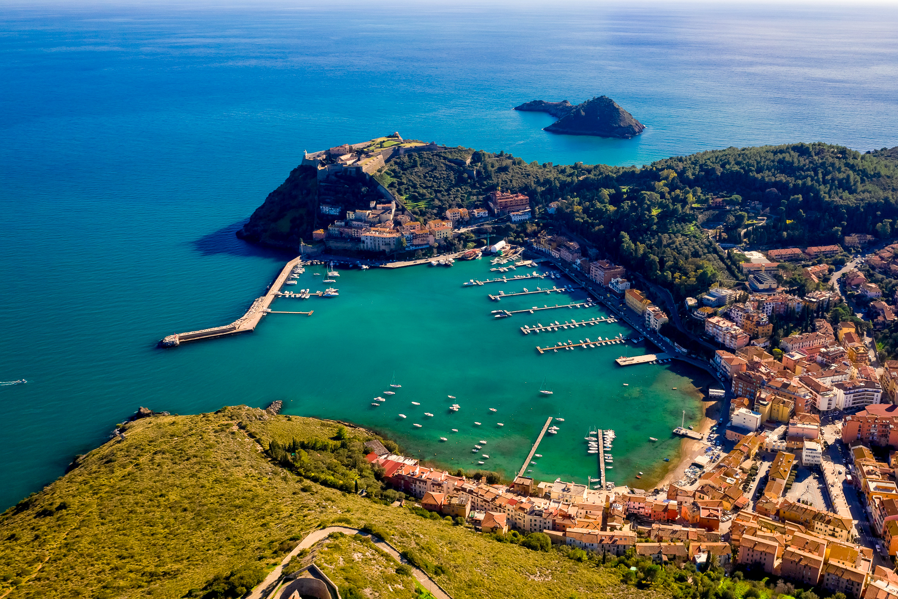 Aerial view of the marina at Porto Ercole in Tuscany