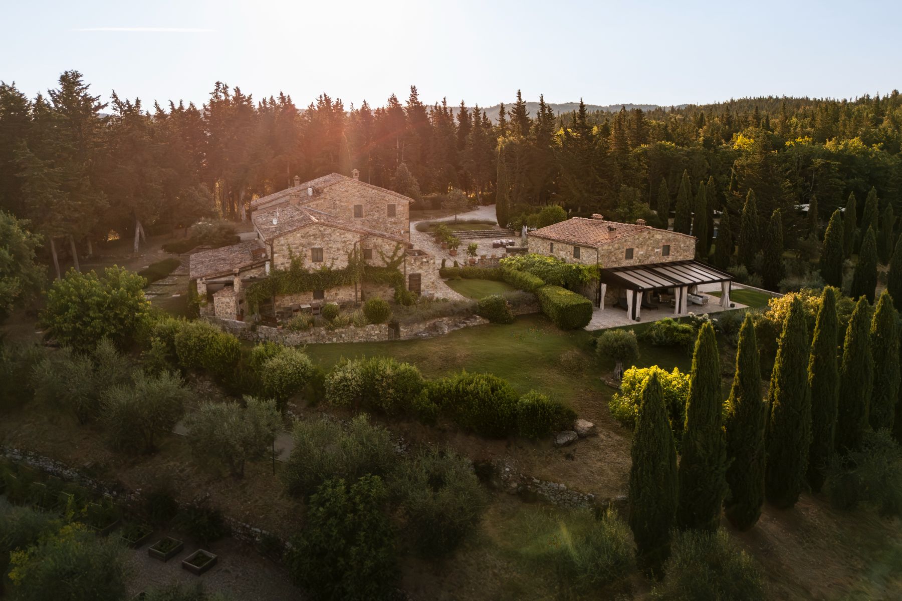 Drone shot of Villa Ardore in Tuscany, Italy