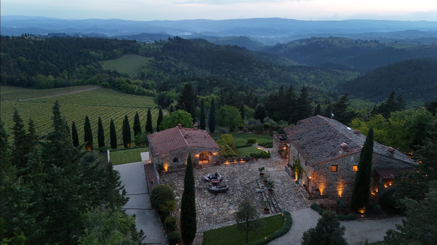 Drone shot at night of Villa Ardore in Tuscany, Italy