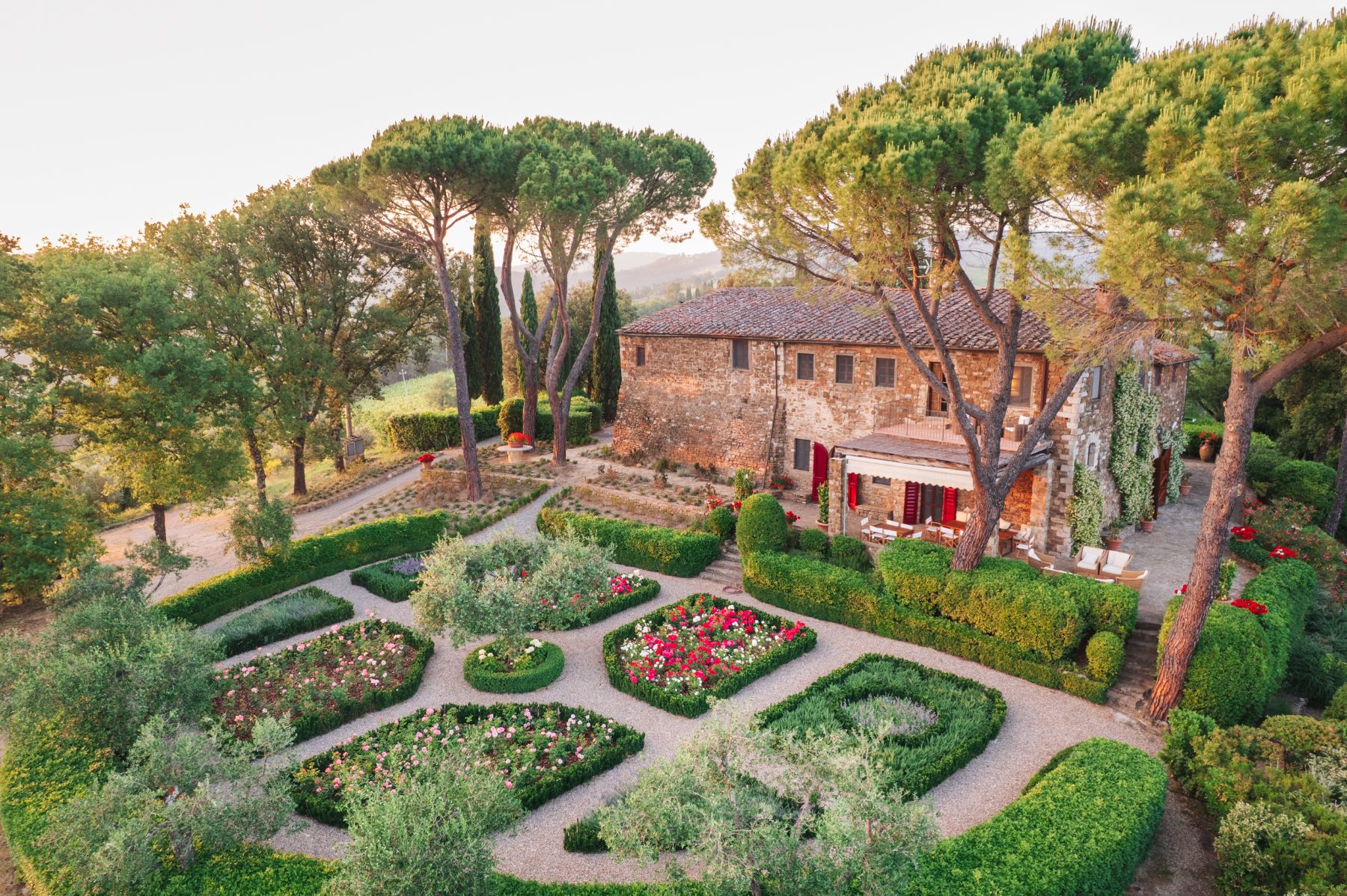 View of garden from above at Villa Chiocchio in Tuscany