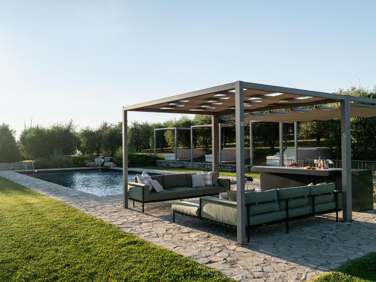 Cabana seating area by the pool at Villa Cispiano in Tuscany