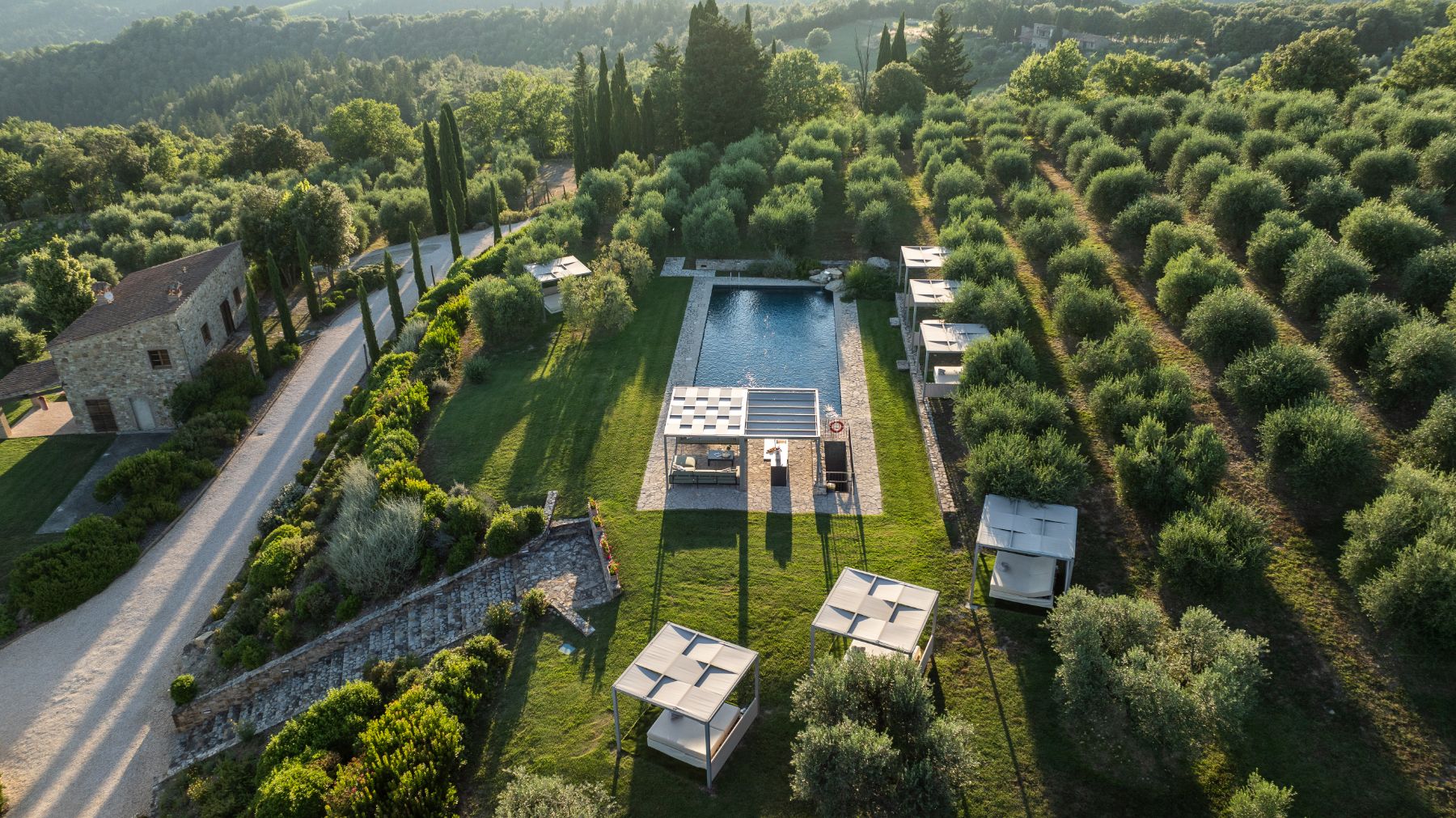 Drone image of the pool area at Villa Cispiano in Tuscany