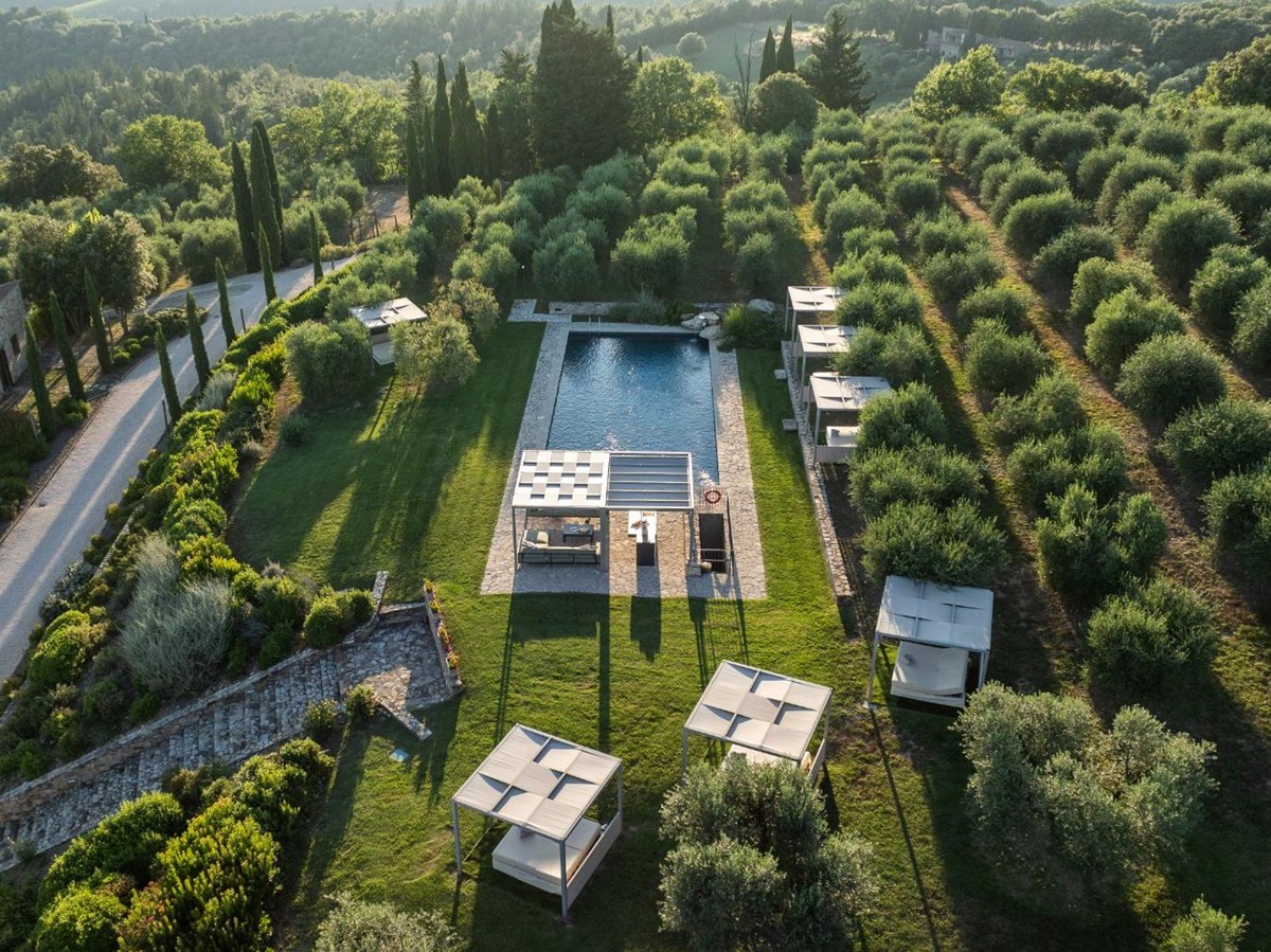 Drone image of the pool area at Villa Cispiano in Tuscany