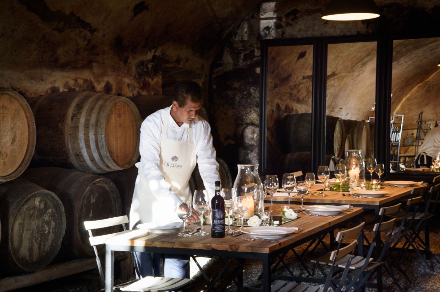 Dining in the wine cellar at Villa Delle Vigne.