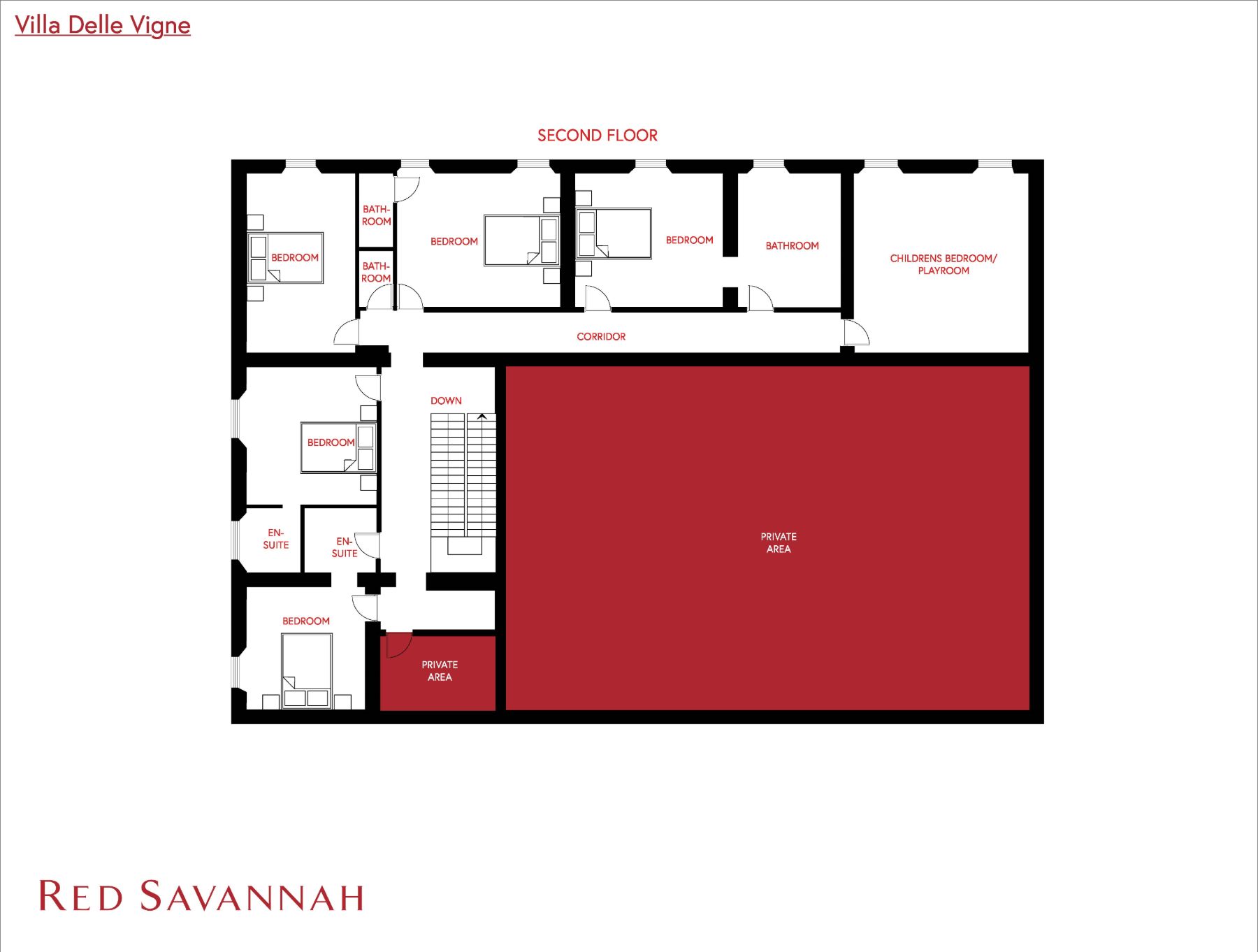 Second floor floorplan of Villa della Vigna