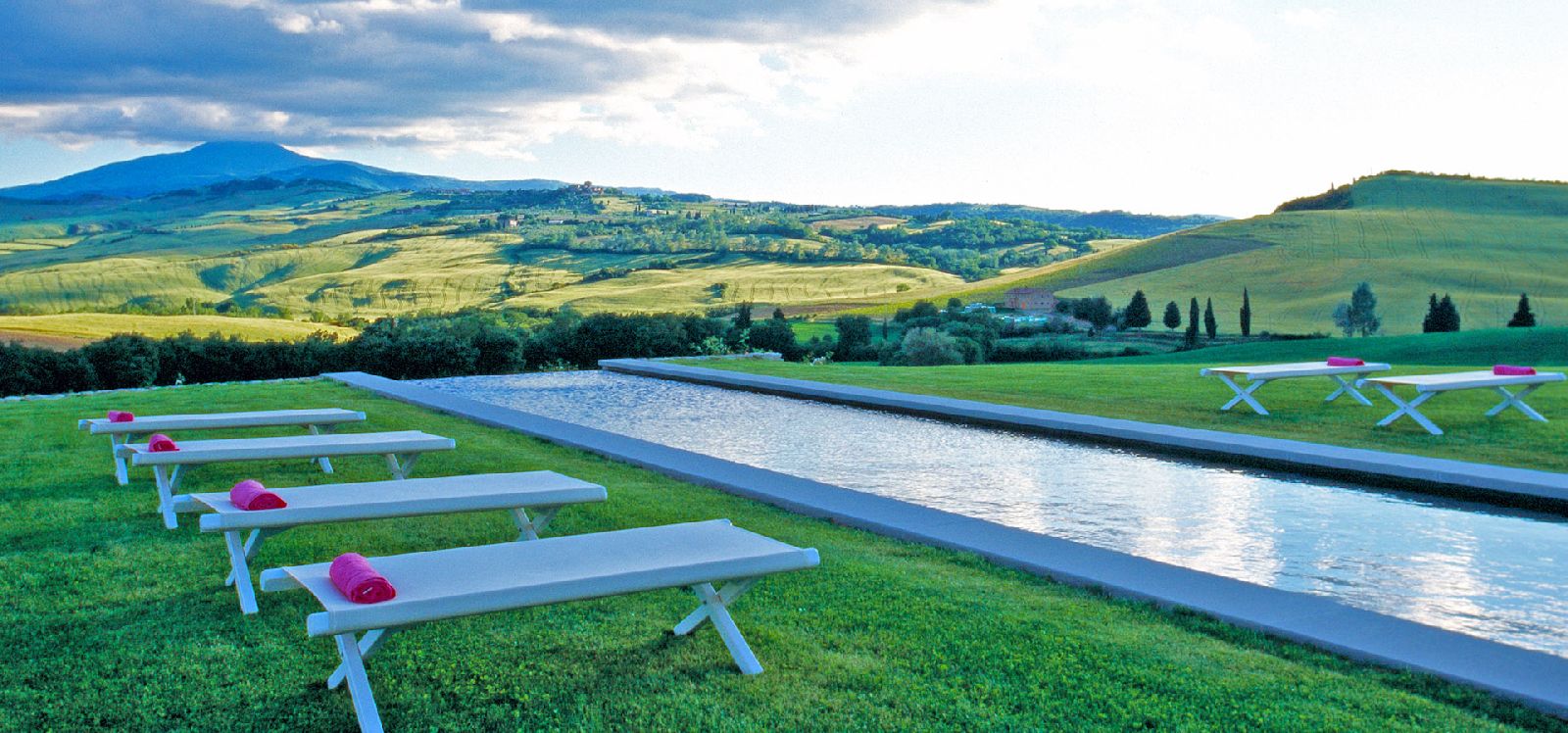 Swimming pool and spectacular countryside views at Villa d'Orcia in Tuscany