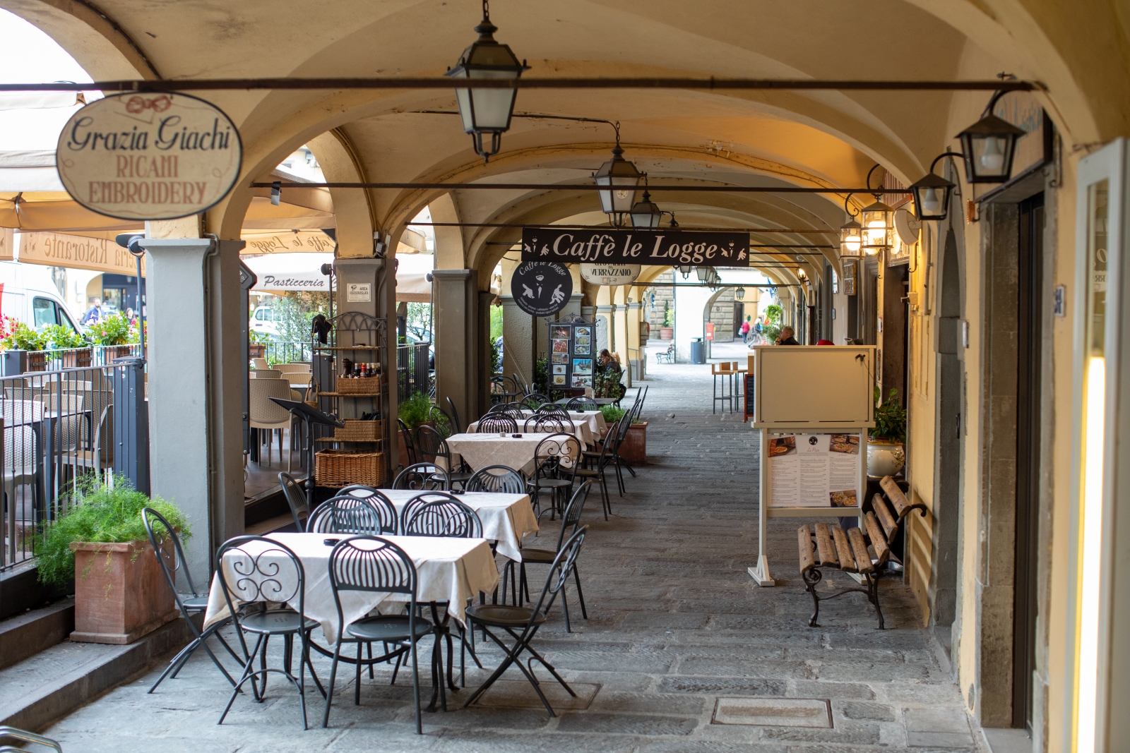 Cafe under the loggias in Greve in Chianti near to Villa Giuliana in Tuscany, Italy