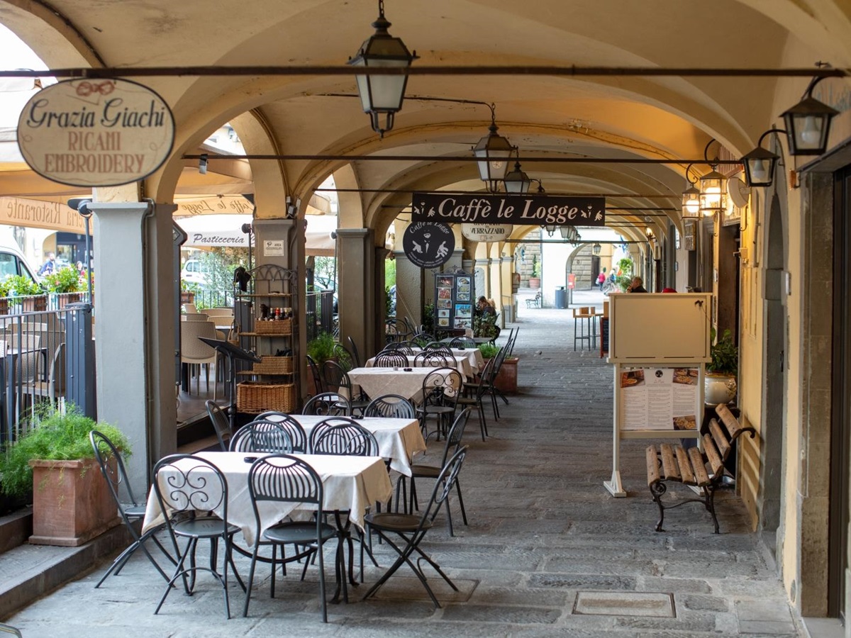 Cafe under the loggias in Greve in Chianti near to Villa Giuliana in Tuscany, Italy