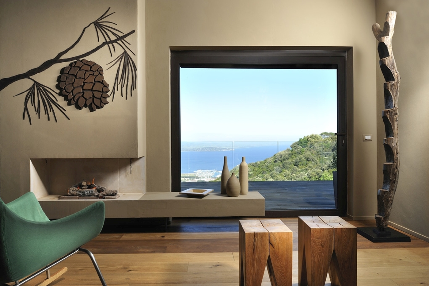 Indoor seating are with sea views and sculptures