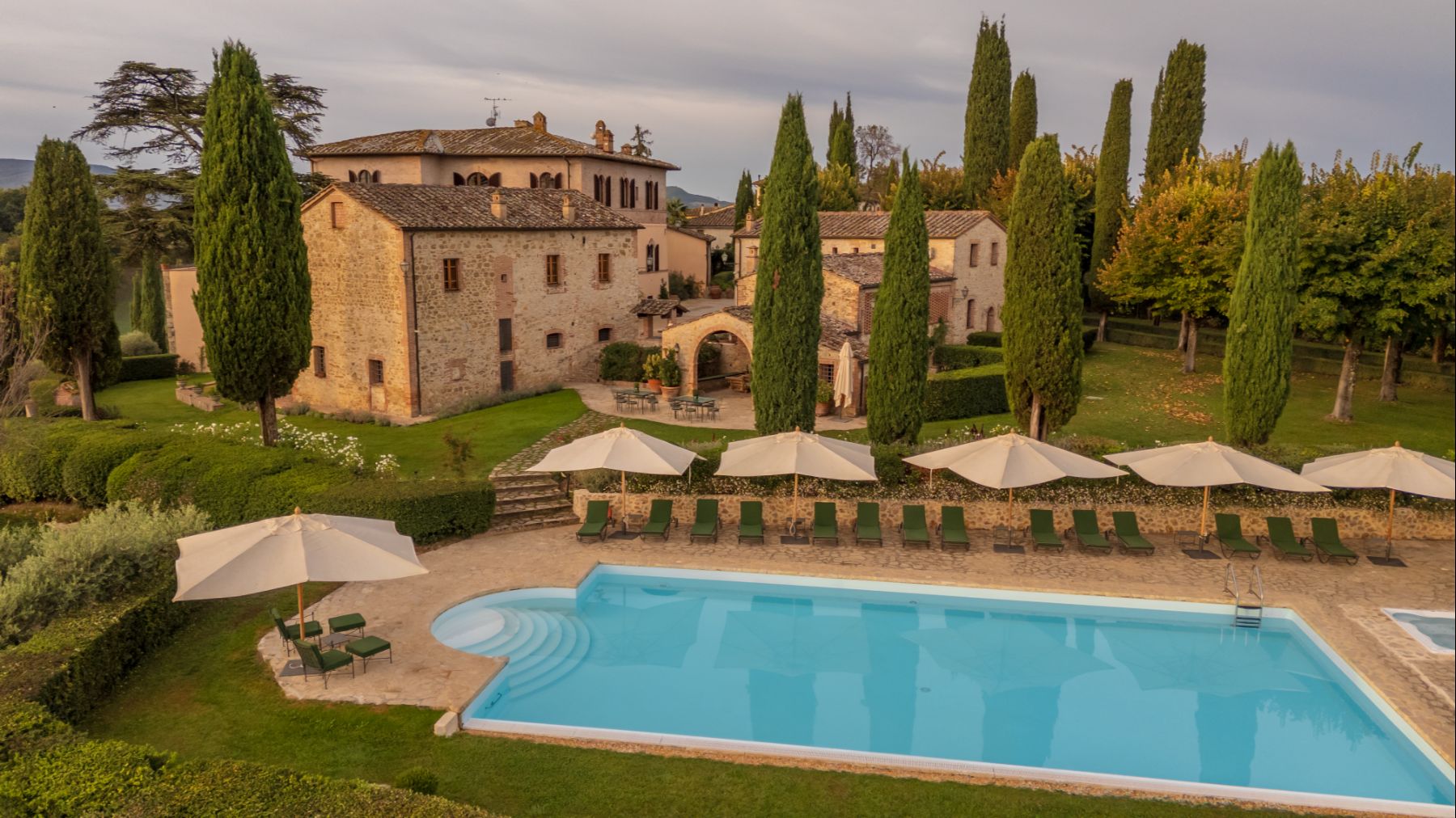 View of pool and villa at Villa Isabella, Tuscany