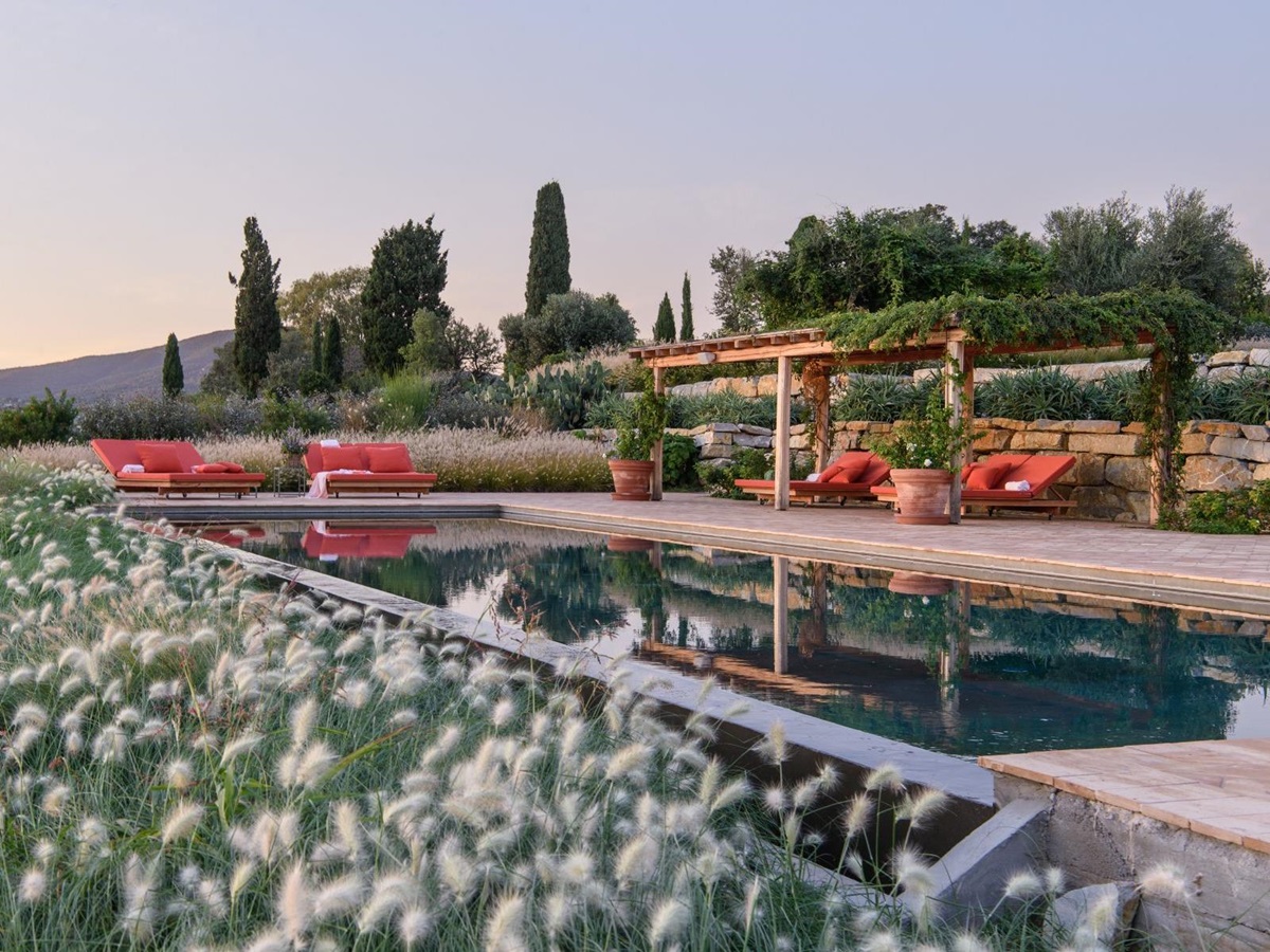 Pool and Flowers at Villa Jacaranda in Tuscany
