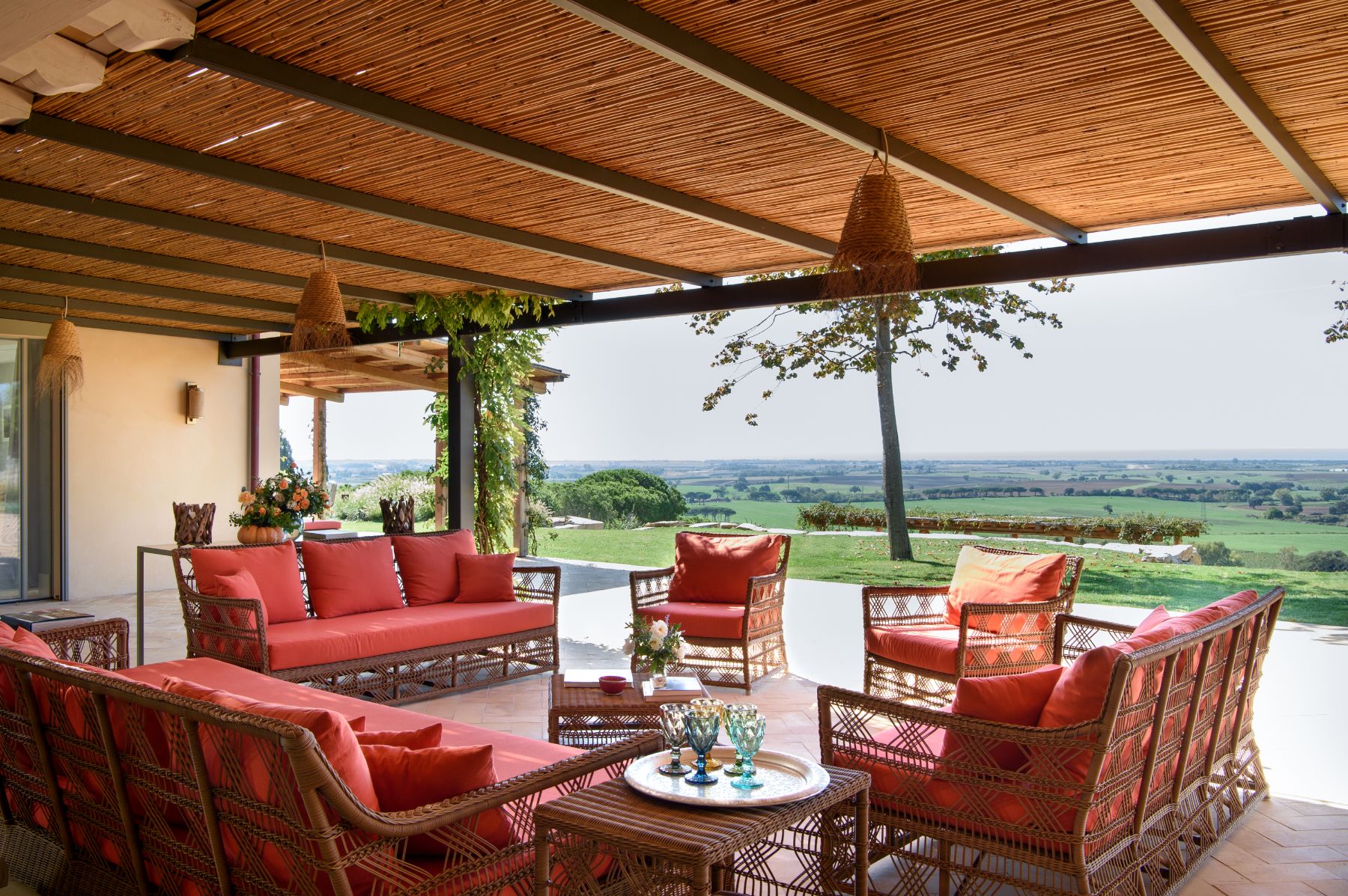 Red Lounge Outside at Villa Jacaranda in Tuscany 