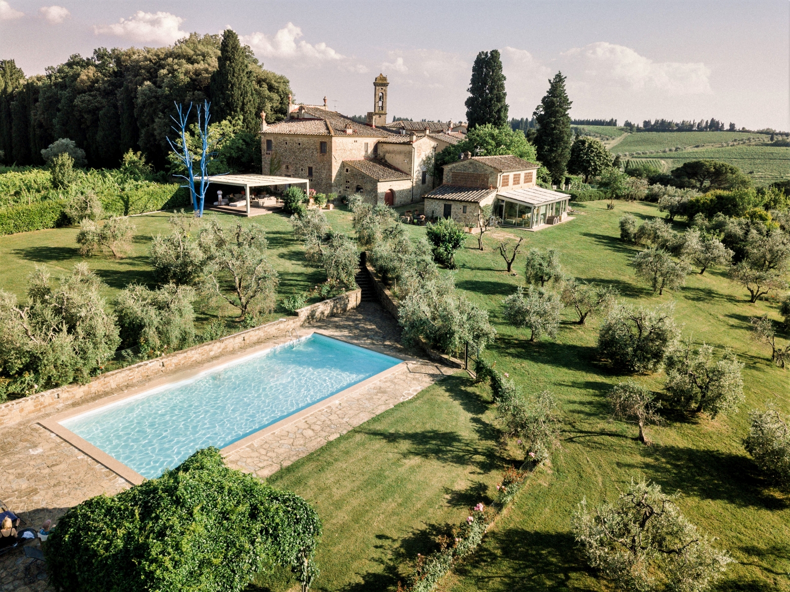 Aerial of the villa with pool and garden at Villa La Castellana in Tuscany