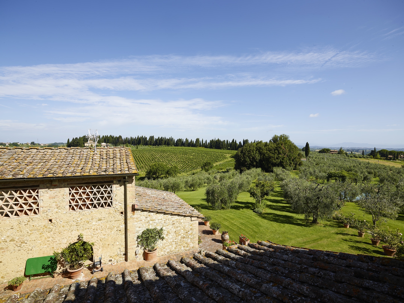 View of garden, vineyards and Tuscan countryside from Villa La Castellana in Tuscany, Italy