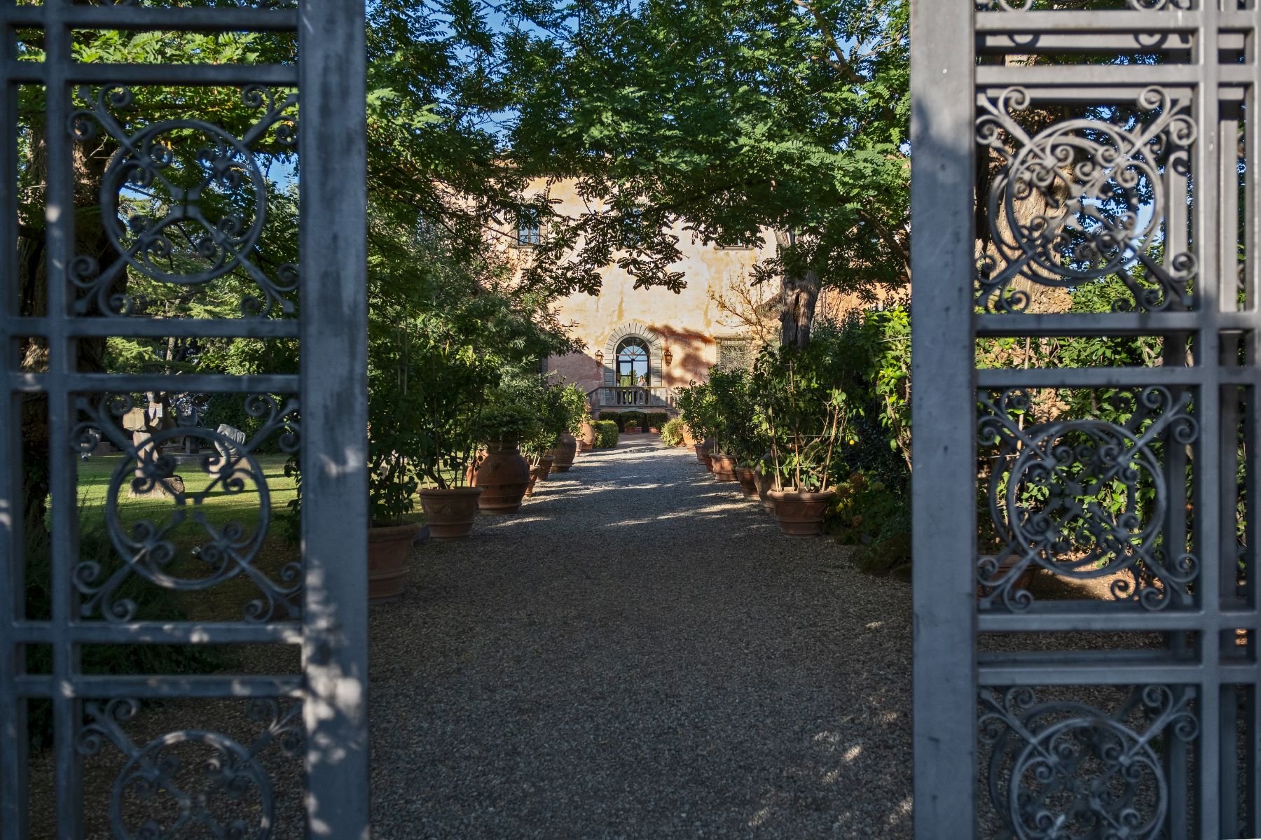 View of the gates at Villa Machiavelli in Tuscany featuring plants