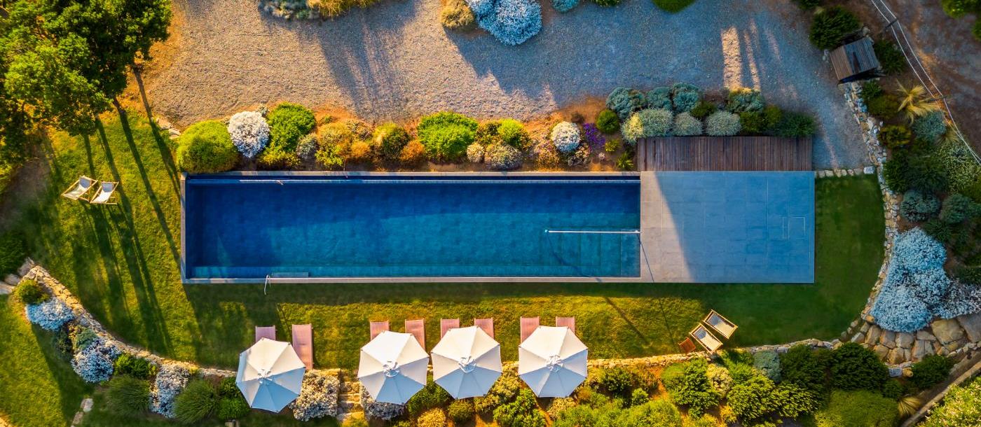 A top down view of the pool at Villa Montecristo.